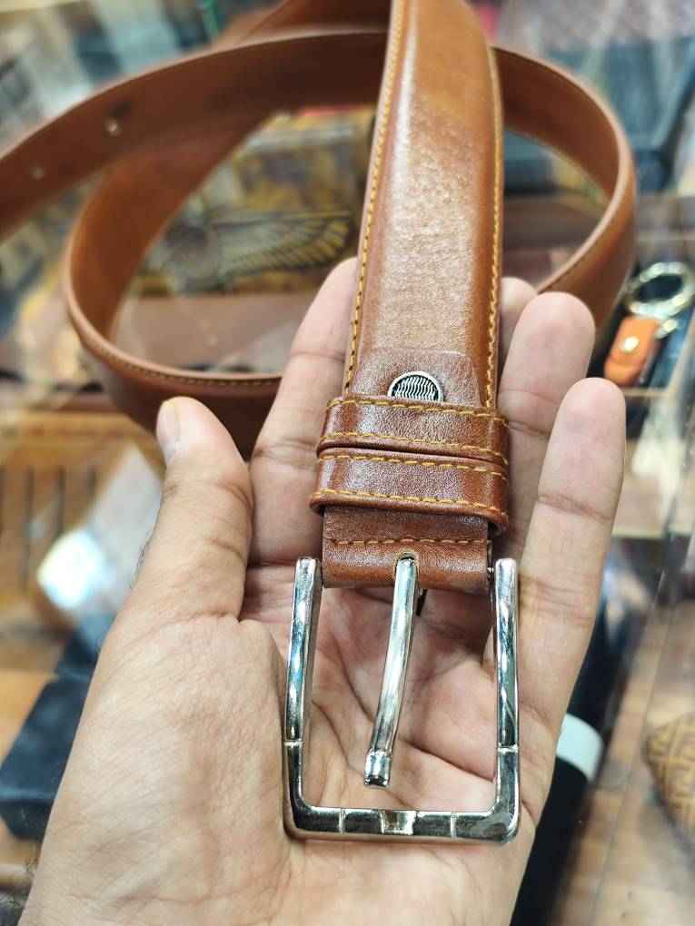کمربند چرم طبیعی رنگ عسلی - (ته باری زیر قیمت ) کد ML013