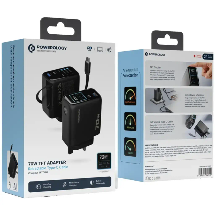 آداپتور پاورولوژی Powerology 70W Al TFT Adapter Retractable Type-C Cable (GN293)