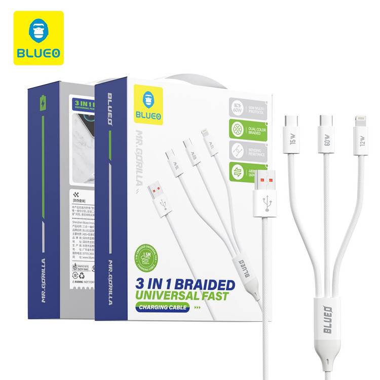 کابل شارژ بلو Blueo 3 IN 1 Braided Universal Fast Charging Cable (GN777)