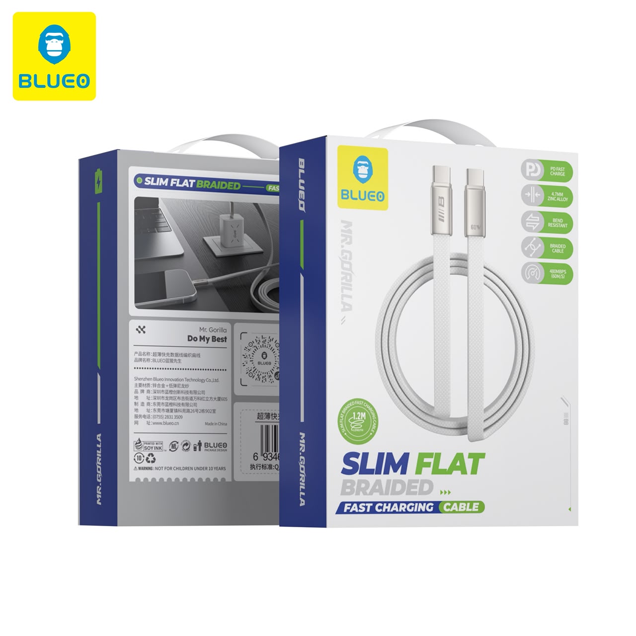 کابل شارژ بلو Type-C به Blueo Slim Flat Braided Fast Charging Cable Type-C (GN779)