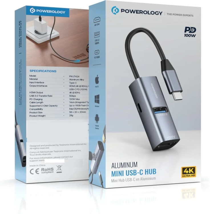 هاب تایپ سی پاورولوژی Powerology Aluminum Mini USB-C Hub (GN830)