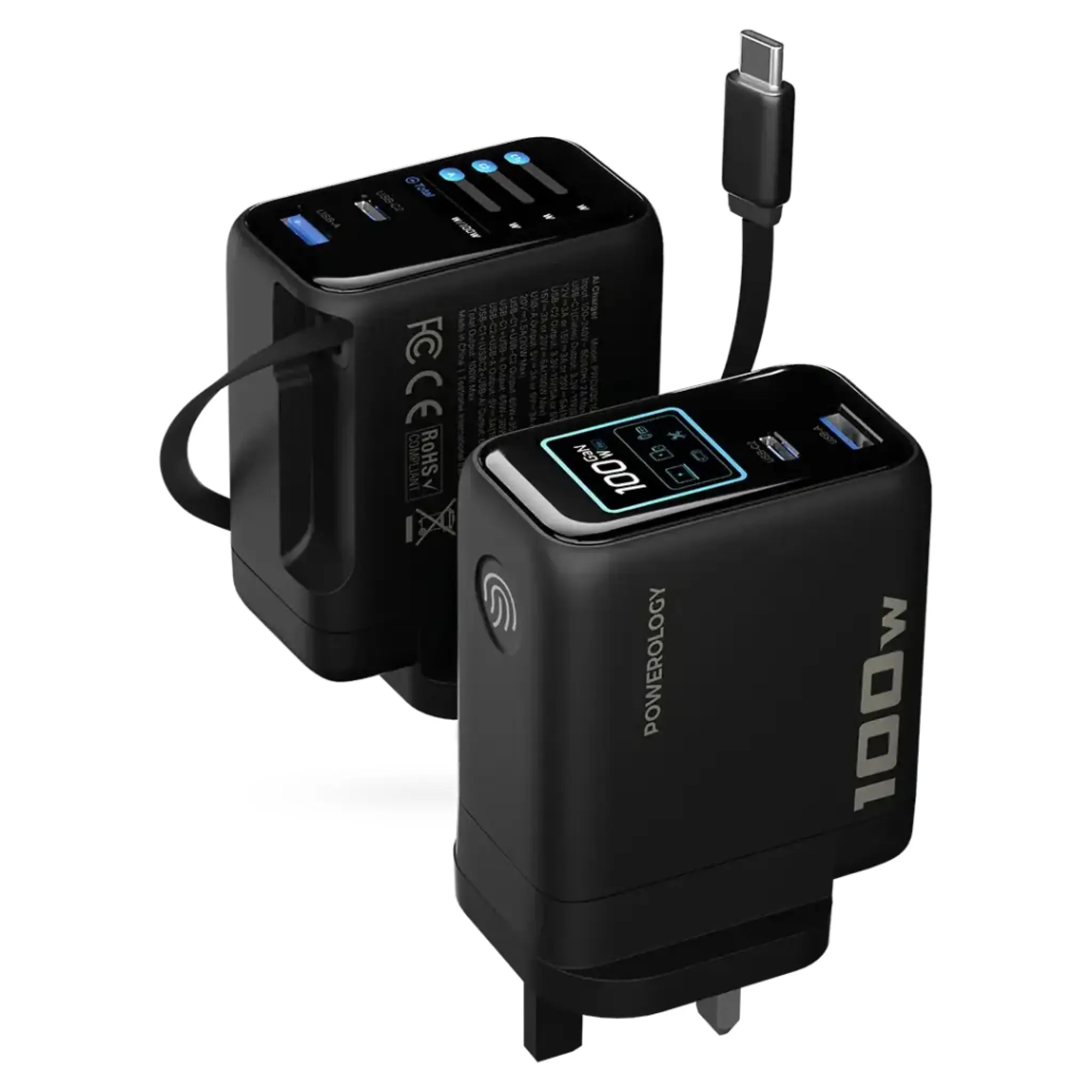 آداپتور پاورولوژی Powerology 100W Al TFT Adapter Retractable Type-C Cable (GN1115)