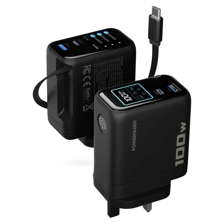 آداپتور پاورولوژی Powerology 100W Al TFT Adapter Retractable Type-C Cable (GN1115)