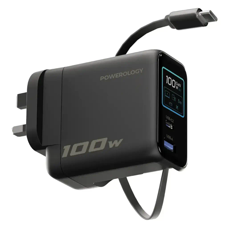آداپتور پاورولوژی Powerology 100W Al TFT Adapter Retractable Type-C Cable (GN1115)