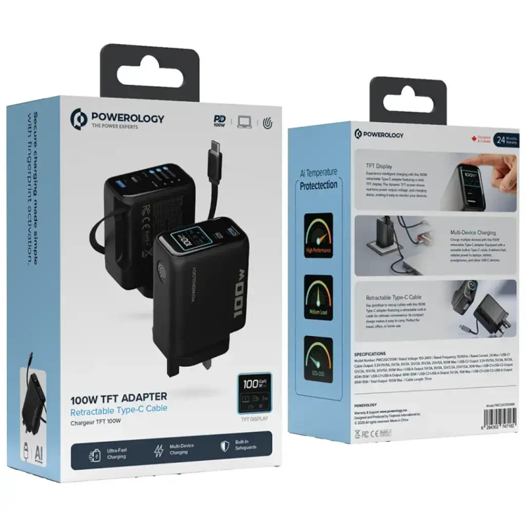 آداپتور پاورولوژی Powerology 100W Al TFT Adapter Retractable Type-C Cable (GN1115)