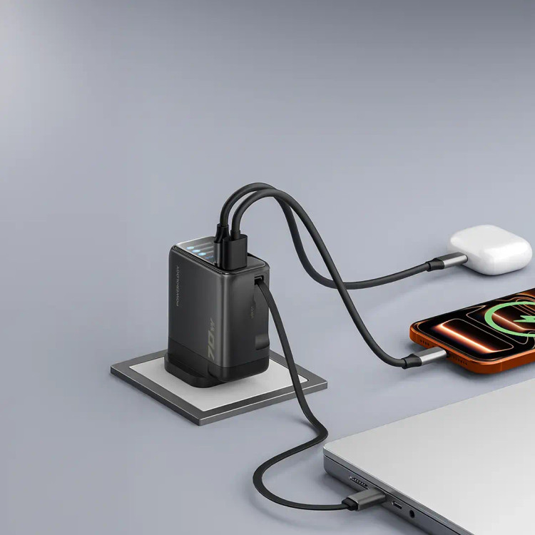 آداپتور پاورولوژی Powerology 100W Al TFT Adapter Retractable Type-C Cable (GN1115)