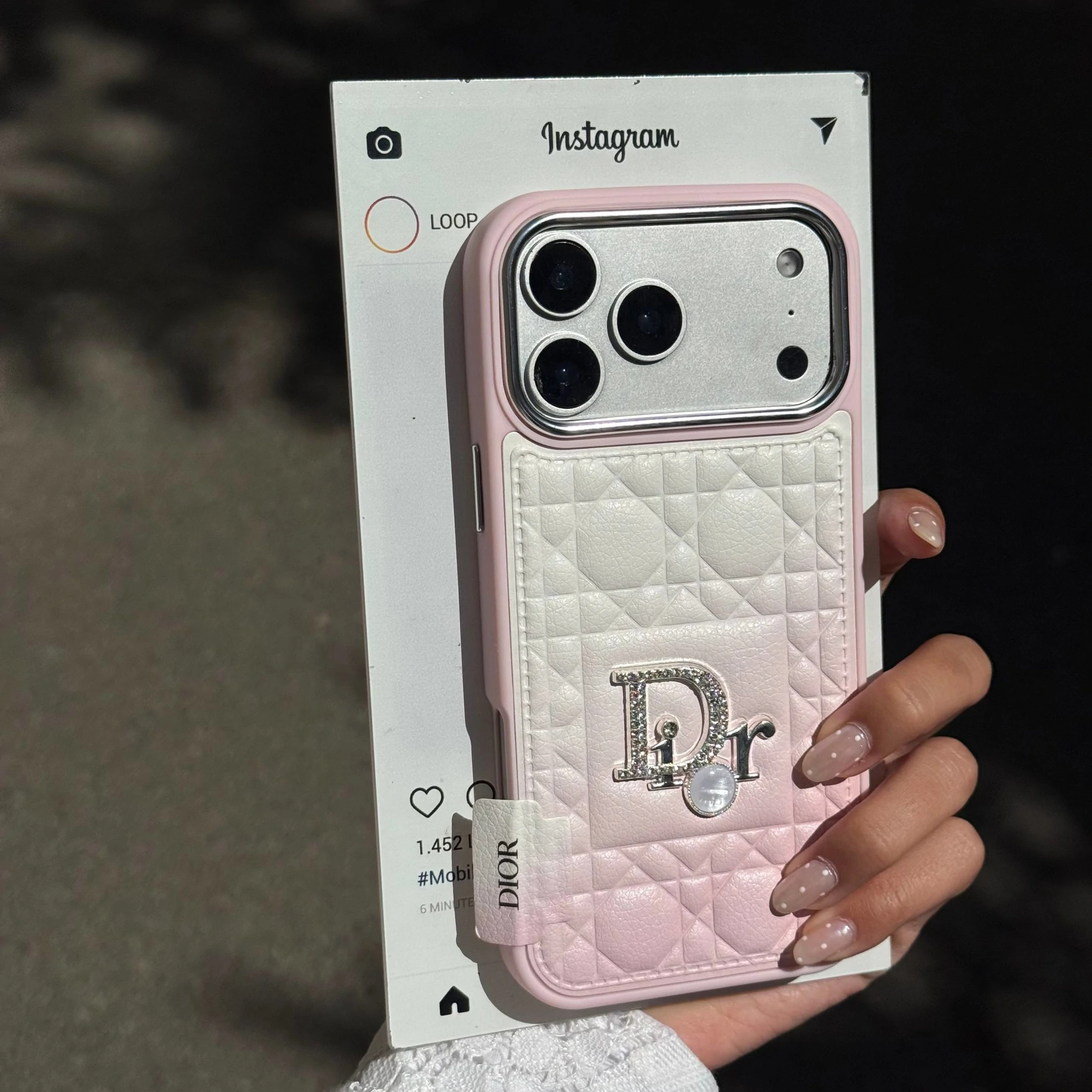 قاب گوشی دیور چرمی دایموندی پینکی (Dior Leather Diamond Pinky) (LP278)