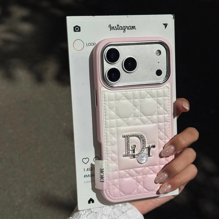 قاب گوشی دیور چرمی دایموندی پینکی (Dior Leather Diamond Pinky) (LP278)
