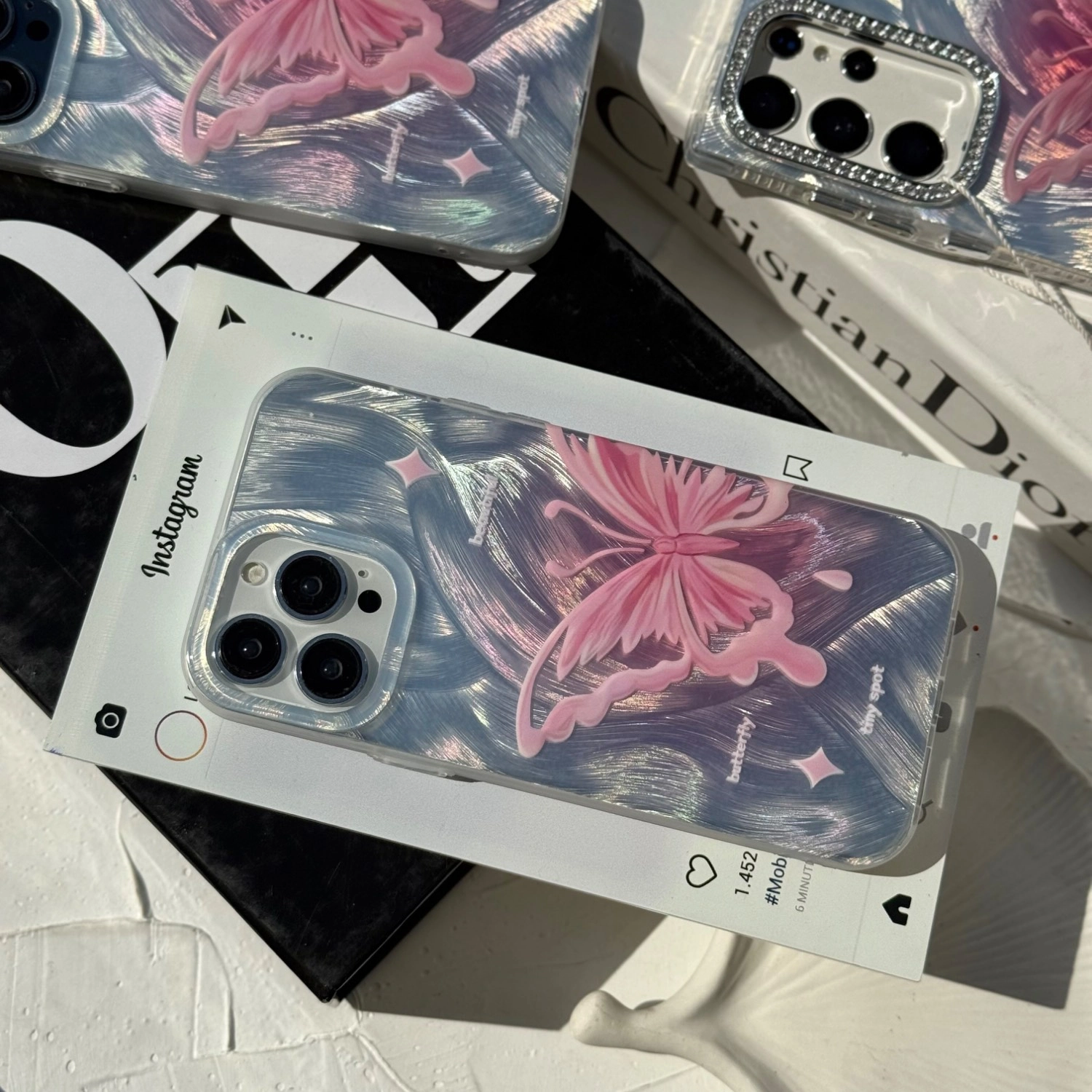 قاب گوشی موج پروانه صورتی آیفون - سامسونگ - شیائومی (Wave Butterfly Pink) (LP352)