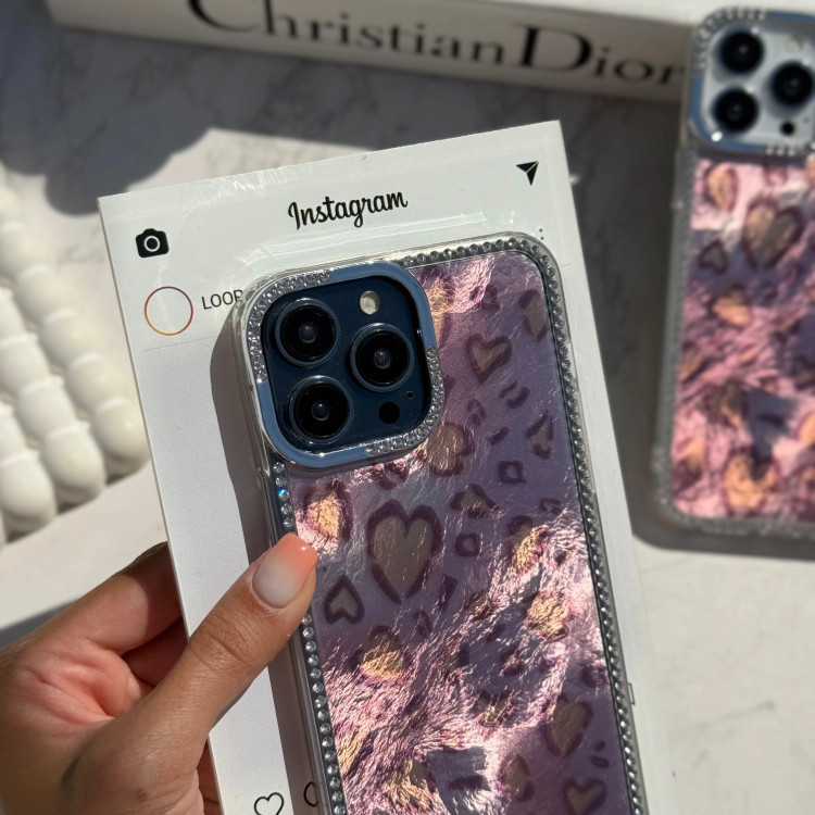 قاب گوشی پلنگی قلبی نگین دار صورتی (Leo Diamond Pink Love) (LP413)