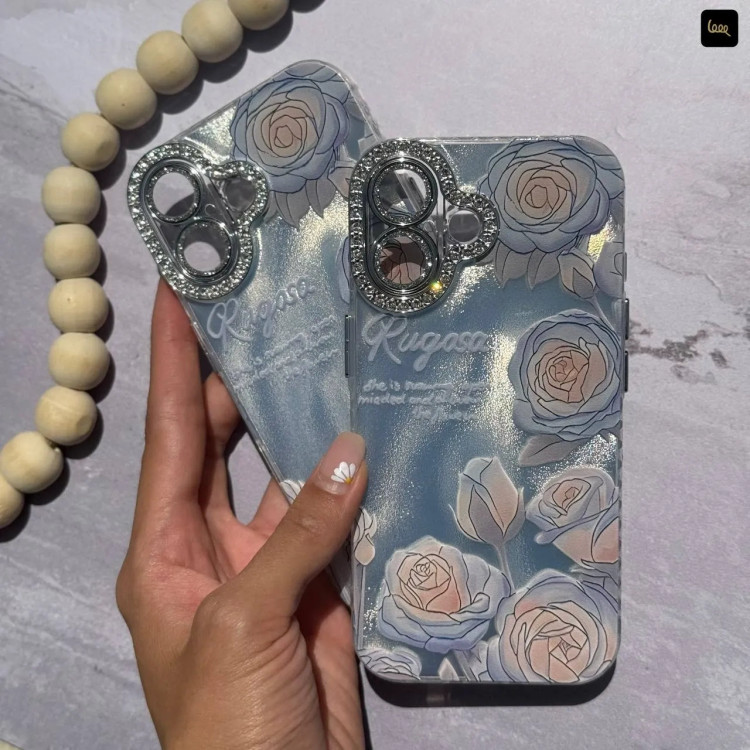 قاب آیفون گلهای یخی نقرهآبی با محافظ لنز نگینکاری(icy flower blue) (LP584)